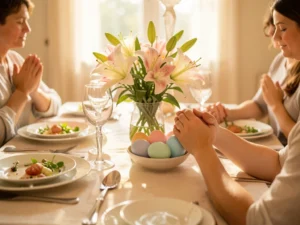 Inspiring Easter dinner prayers, family gathering, gratitude, hope, lilies, festive table setting.
