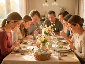 Family praying at Easter dinner table, 35 powerful Easter prayers before meal.