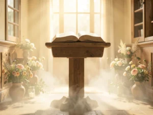 35 Powerful Prayers for Easter Service: Open Bible in a sunlit sanctuary.