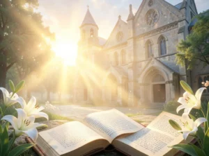 35 Powerful Catholic Prayers for Easter: Sacred sunrise over a church with illuminated prayer books.