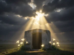 35 Powerful Catholic Prayers for Easter Friday: serene tomb scene with light and lilies.