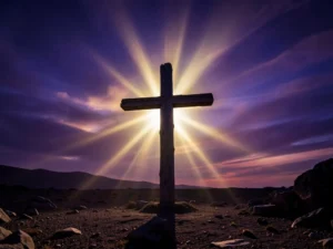 35 Powerful Prayers for Holy Friday: A solemn cross against a dramatic twilight sky.