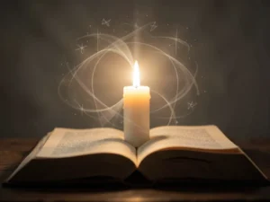 35 Powerful Prayers for Holy Monday: A glowing candle illuminates an open book, symbolizing spiritual reflection.