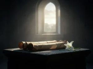 40 Powerful Bible Verses for Holy Saturday: A scroll on an altar with dawn light.