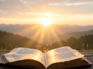 40 Powerful Bible Verses for Holy Sunday: Sunrise over landscape with scripture.