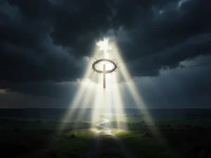 40 Powerful Bible Verses for Easter Friday: Divine light piercing storm clouds, symbolizing hope and sacrifice.