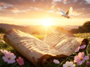 Sunrise over landscape with glowing Bible verses, symbolizing renewal for Easter Monday.