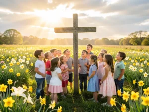 Children praying in a sunny meadow with Easter lilies, representing 35 Powerful Easter Prayers for Kids.