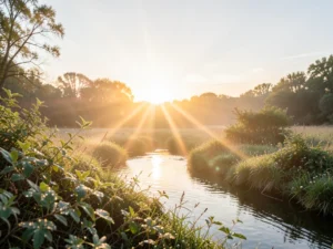 Sunrise over a peaceful landscape, symbolizing hope and renewal.